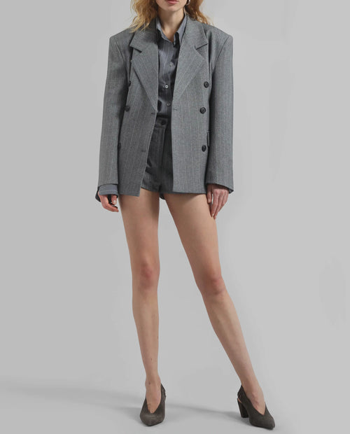 Striped double-breasted velour blazer in grey melange with embroidered detailing and a refined tailored finish.