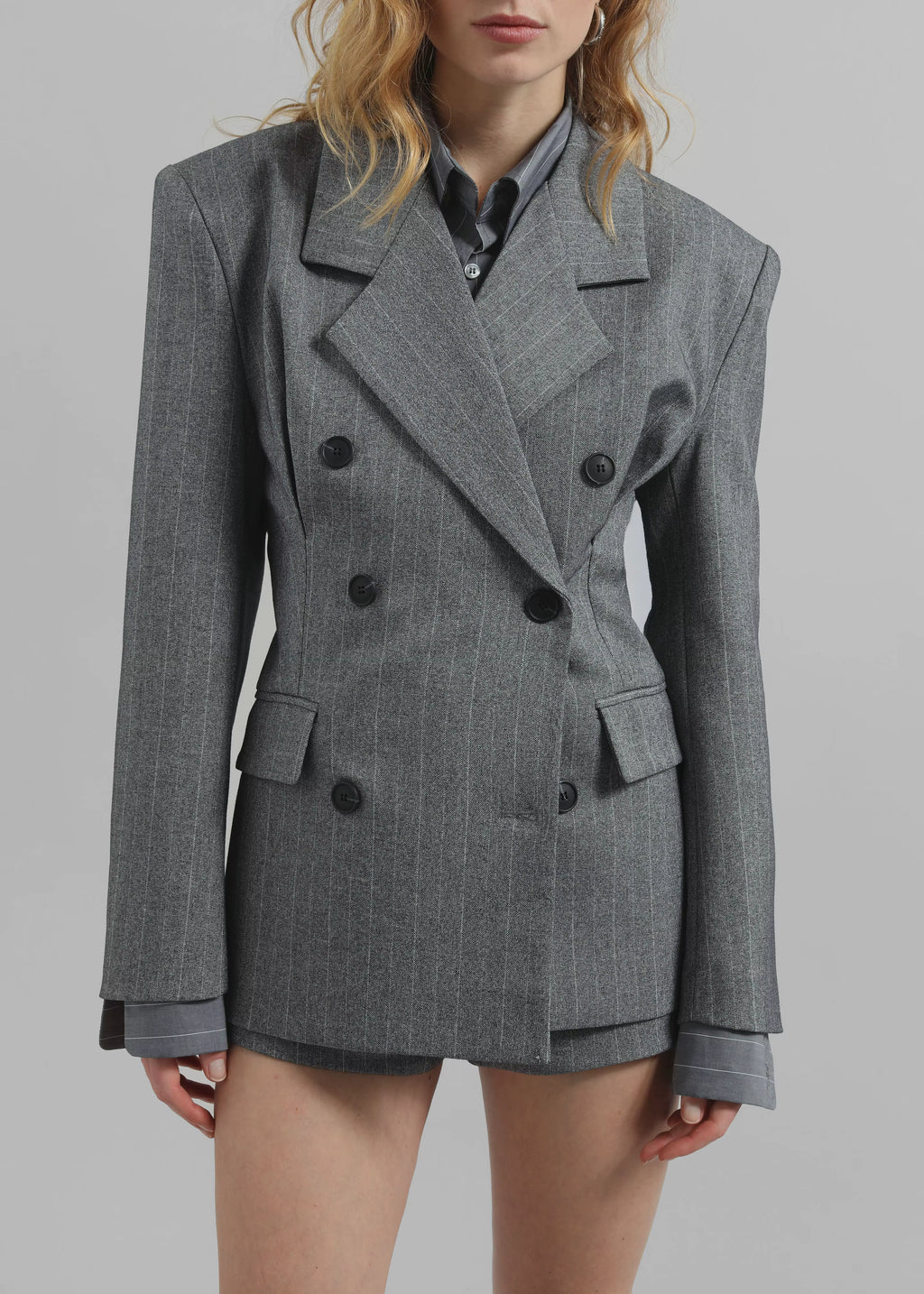 Striped double-breasted velour blazer in grey melange with embroidered detailing and a refined tailored finish.