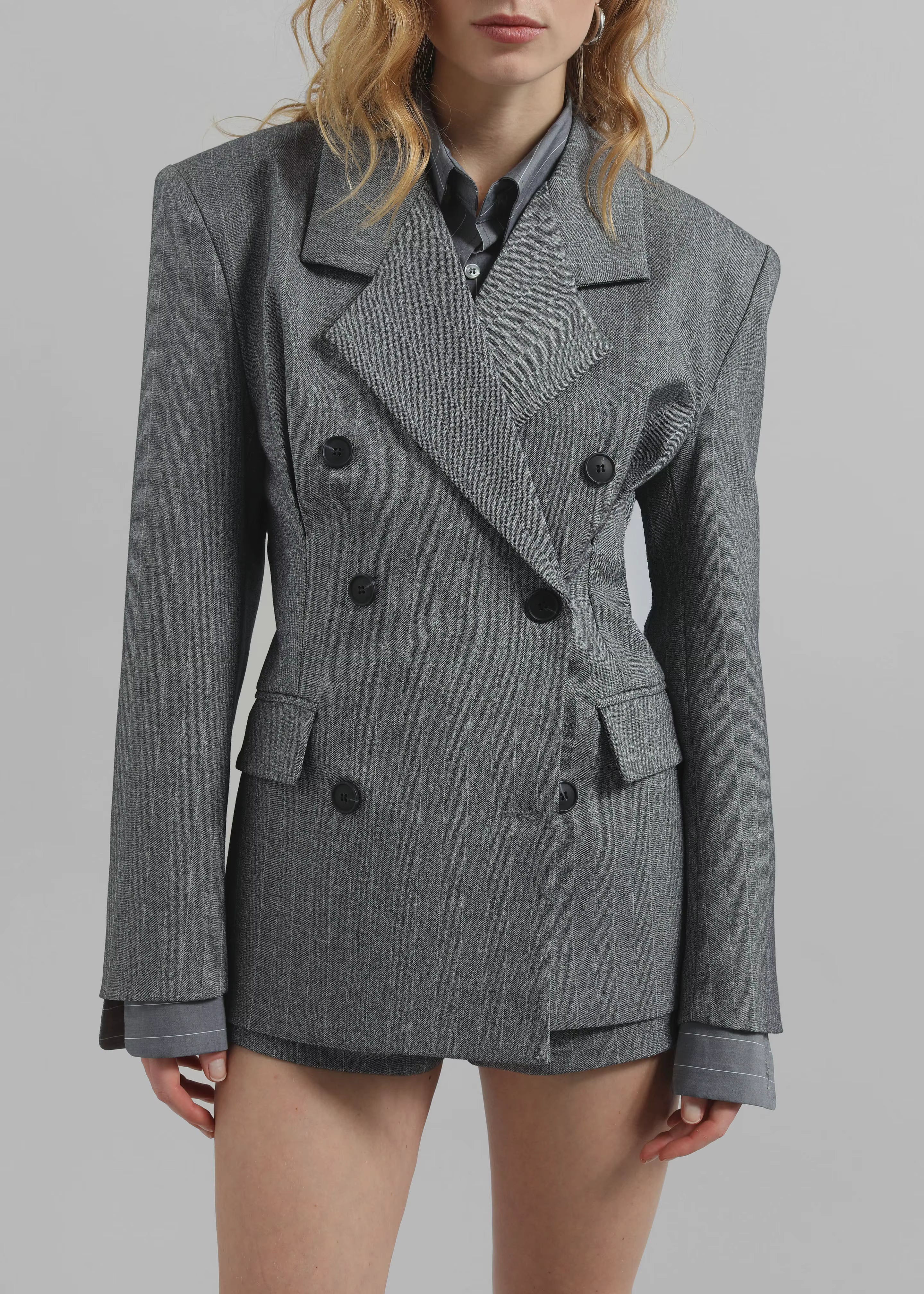 Striped double-breasted velour blazer in grey melange with embroidered detailing and a refined tailored finish.