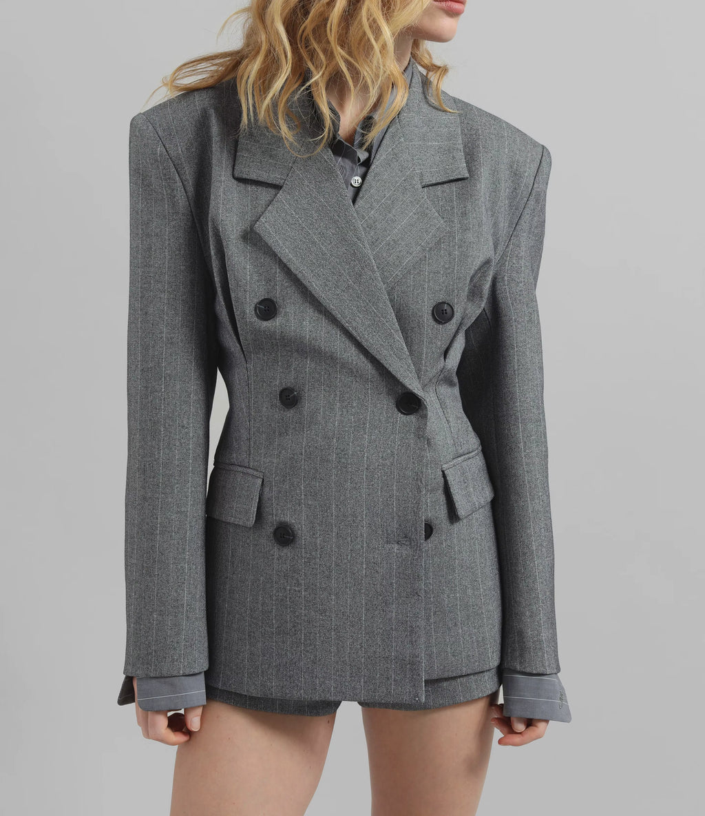 Striped double-breasted velour blazer in grey melange with embroidered detailing and a refined tailored finish.