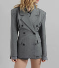 Striped double-breasted velour blazer in grey melange with embroidered detailing and a refined tailored finish.