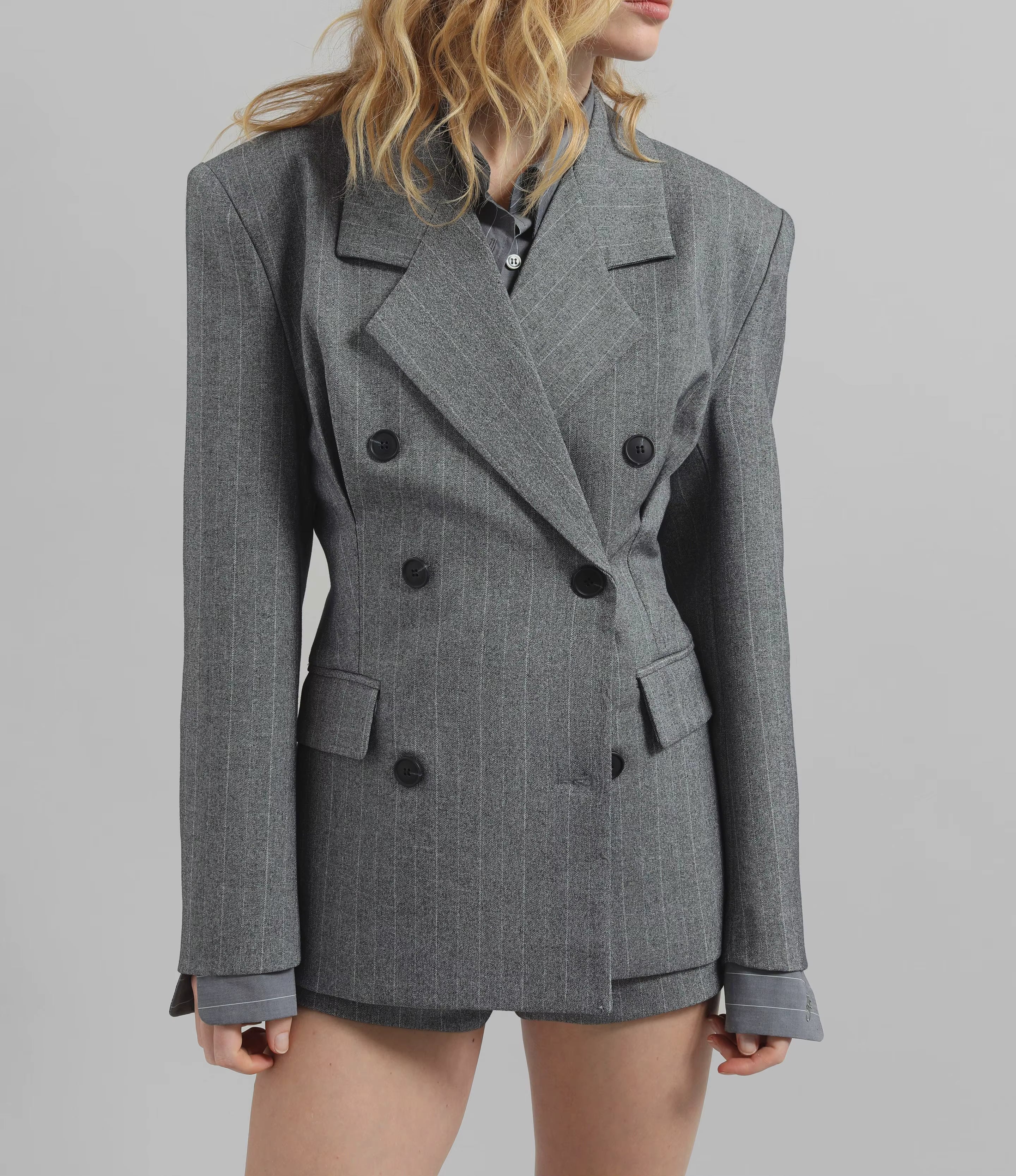 Striped double-breasted velour blazer in grey melange with embroidered detailing and a refined tailored finish.