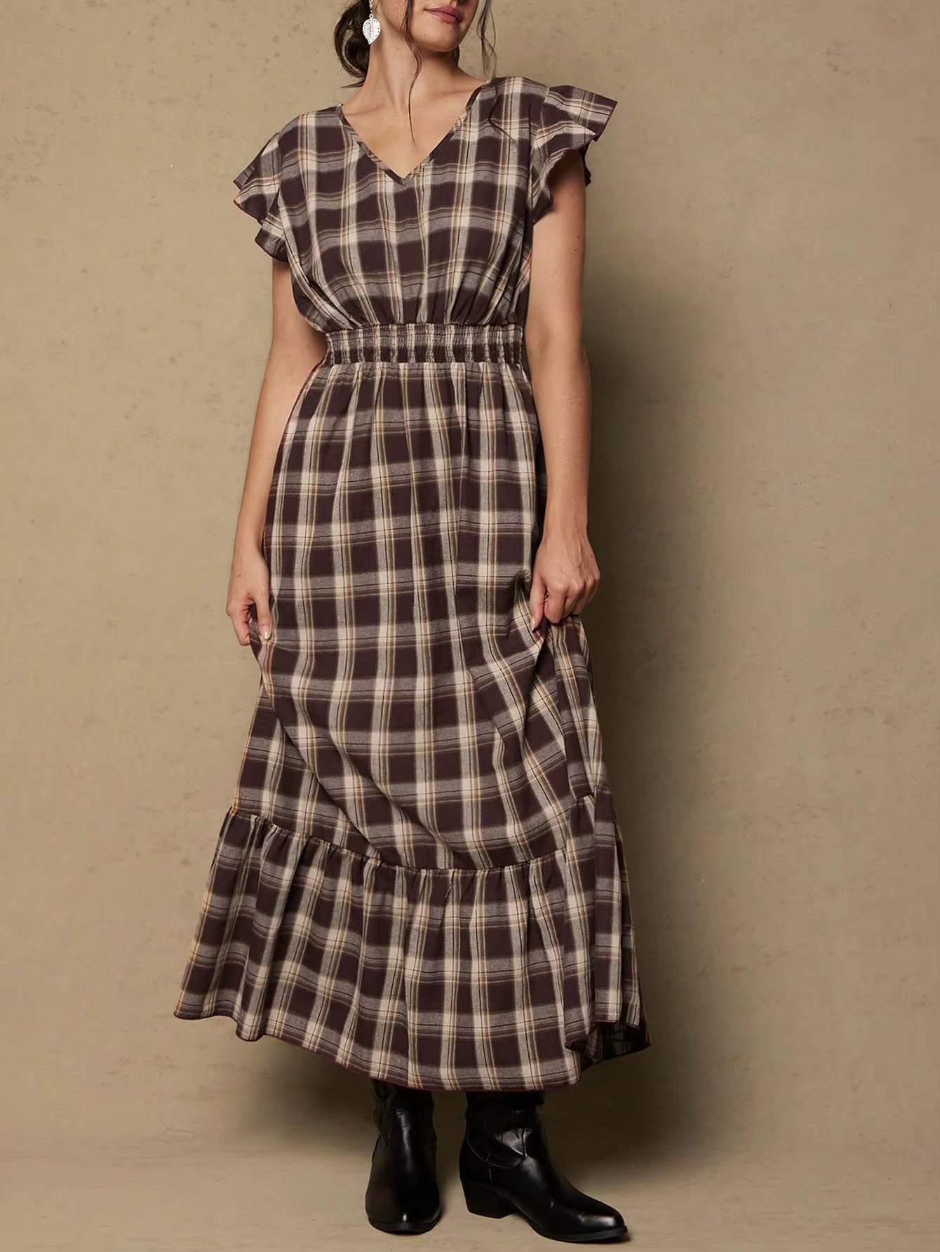 Women’s Plus-Size Plaid Ruffle V-Neck Dress